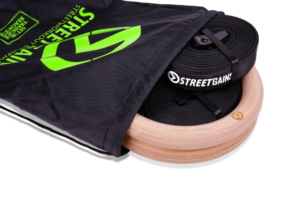 Wooden Gymnastics Rings 32MM – Includes Adjustable Straps and Carrying Bag | StreetGains®