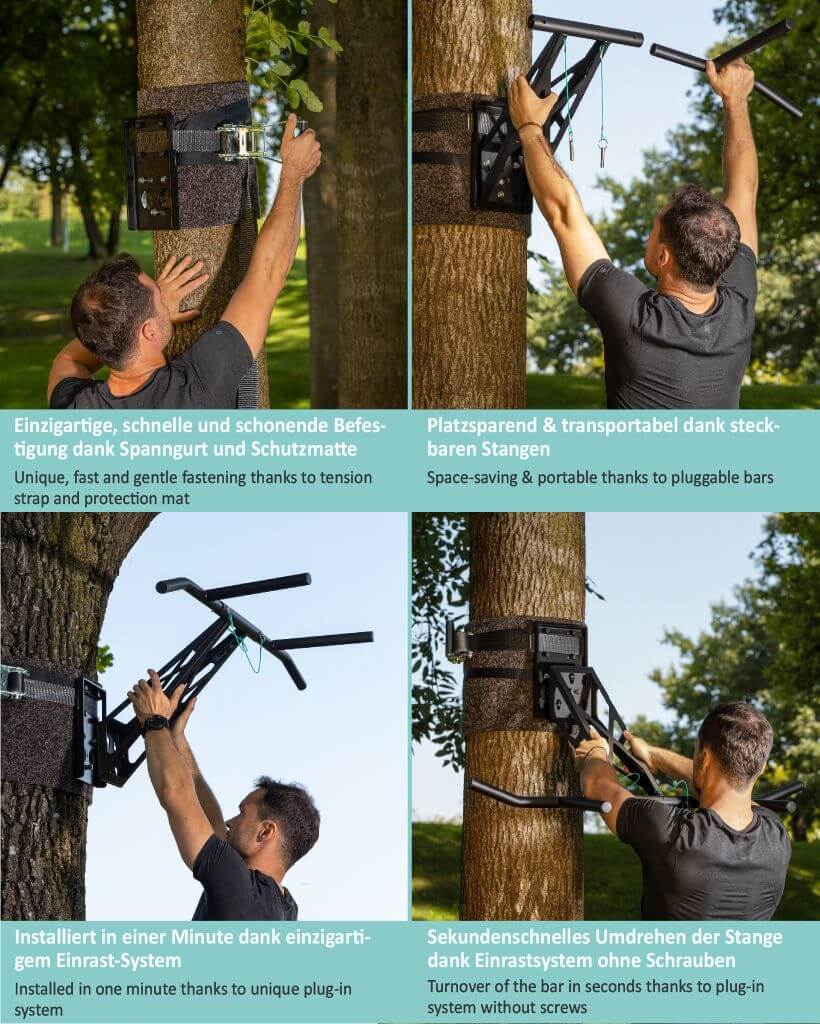 Tragbare Klimmzugstange und Dip-Bar – Montage an einem Baum | Pullup & Dip®